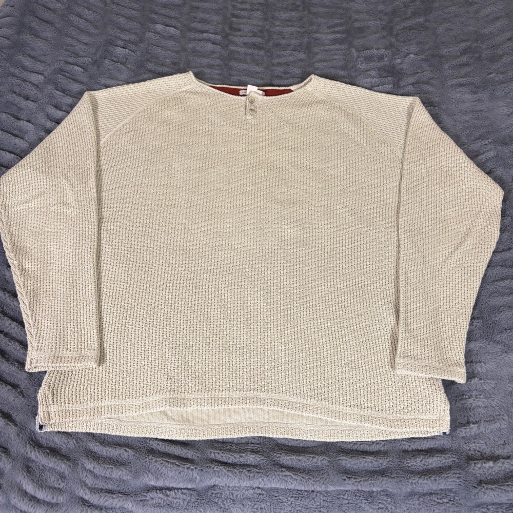 Carbon2Cobalt Mens XL Beige Cotton Waffle Knit Henley Raglan Sweater AT505